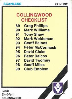 1984 Scanlens VFL #99 Checklist Front